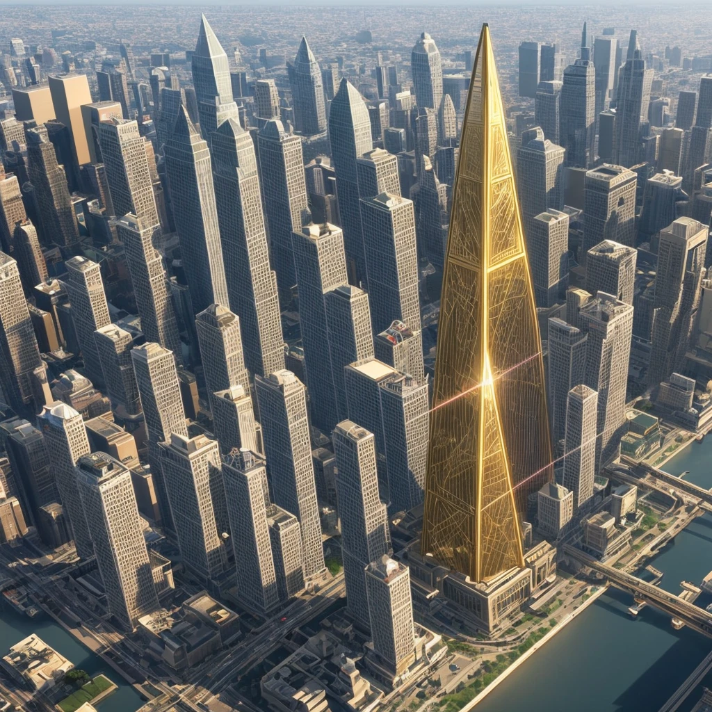A futuristic background of a golden glass pyramid with laser beams leads to a hyper-realistic scific city with huge skyscrapers. The hyper resolution of the background is 4k and has an aspect ratio of 16:9.golden pyramid, masterpiece, anatomically correct, super detail, high quality, best quality, 8k, 16k, high details