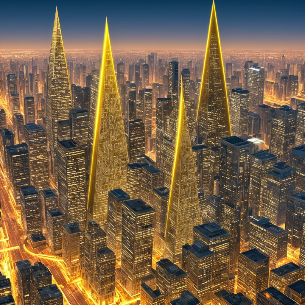 A futuristic background of a golden glass pyramid with laser beams leads to a hyper-realistic scific city with huge skyscrapers. The hyper resolution of the background is 4k and has an aspect ratio of 16:9.golden pyramid, masterpiece, anatomically correct, super detail, high quality, best quality, 8k, 16k, high details