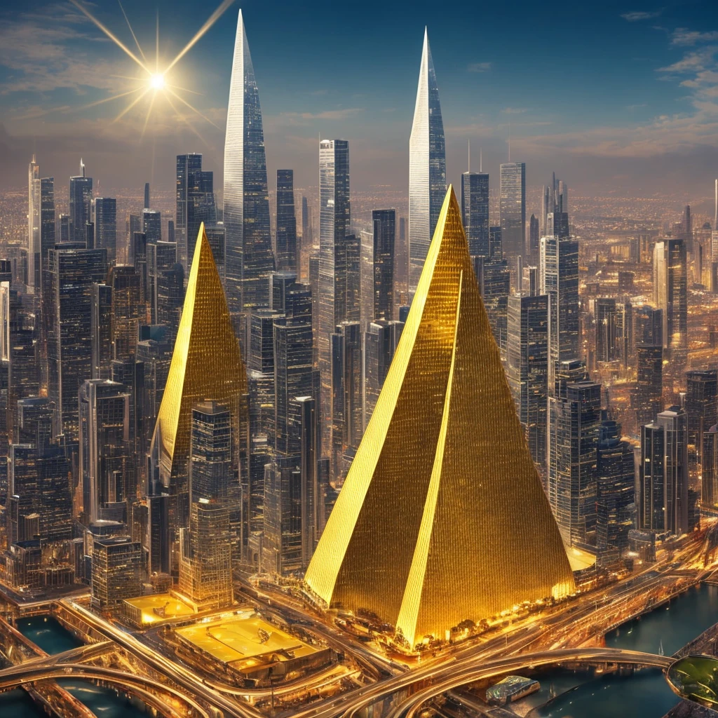 A futuristic background of a golden glass pyramid with laser beams leads to a hyper-realistic scific city with huge skyscrapers. The hyper resolution of the background is 4k and has an aspect ratio of 16:9.golden pyramid, masterpiece, anatomically correct, super detail, high quality, best quality, 8k, 16k, high details