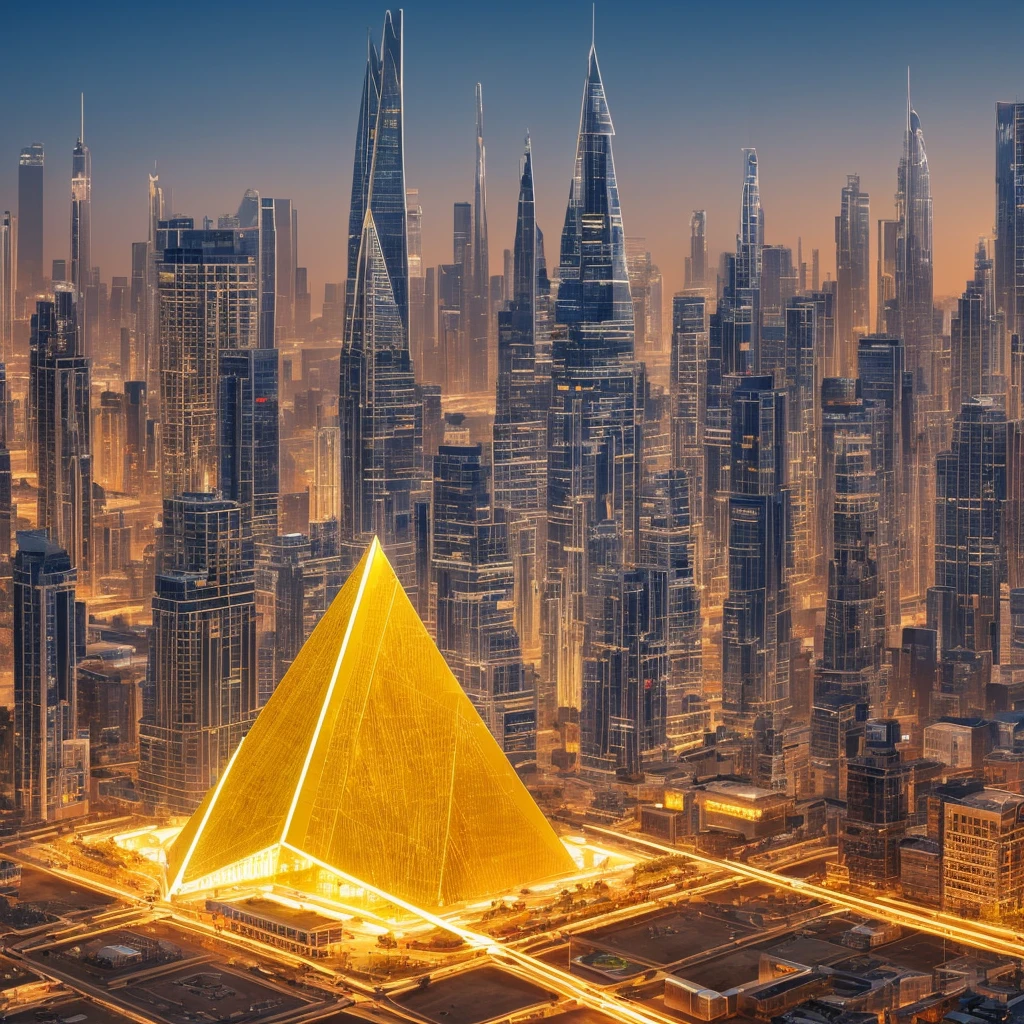 A futuristic background of a golden glass pyramid with laser beams leads to a hyper-realistic scific city with huge skyscrapers. The hyper resolution of the background is 4k and has an aspect ratio of 16:9.golden pyramid, masterpiece, anatomically correct, super detail, high quality, best quality, 8k, 16k, high details