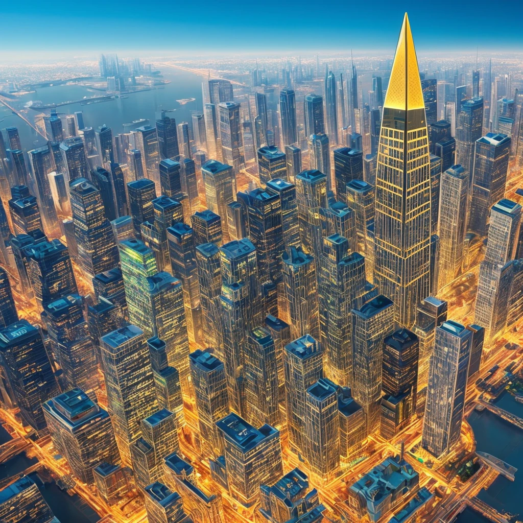 A futuristic background of a golden glass pyramid with laser beams leads to a hyper-realistic scific city with huge skyscrapers. The hyper resolution of the background is 4k and has an aspect ratio of 16:9.golden pyramid, masterpiece, anatomically correct, super detail, high quality, best quality, 8k, 16k, high details
