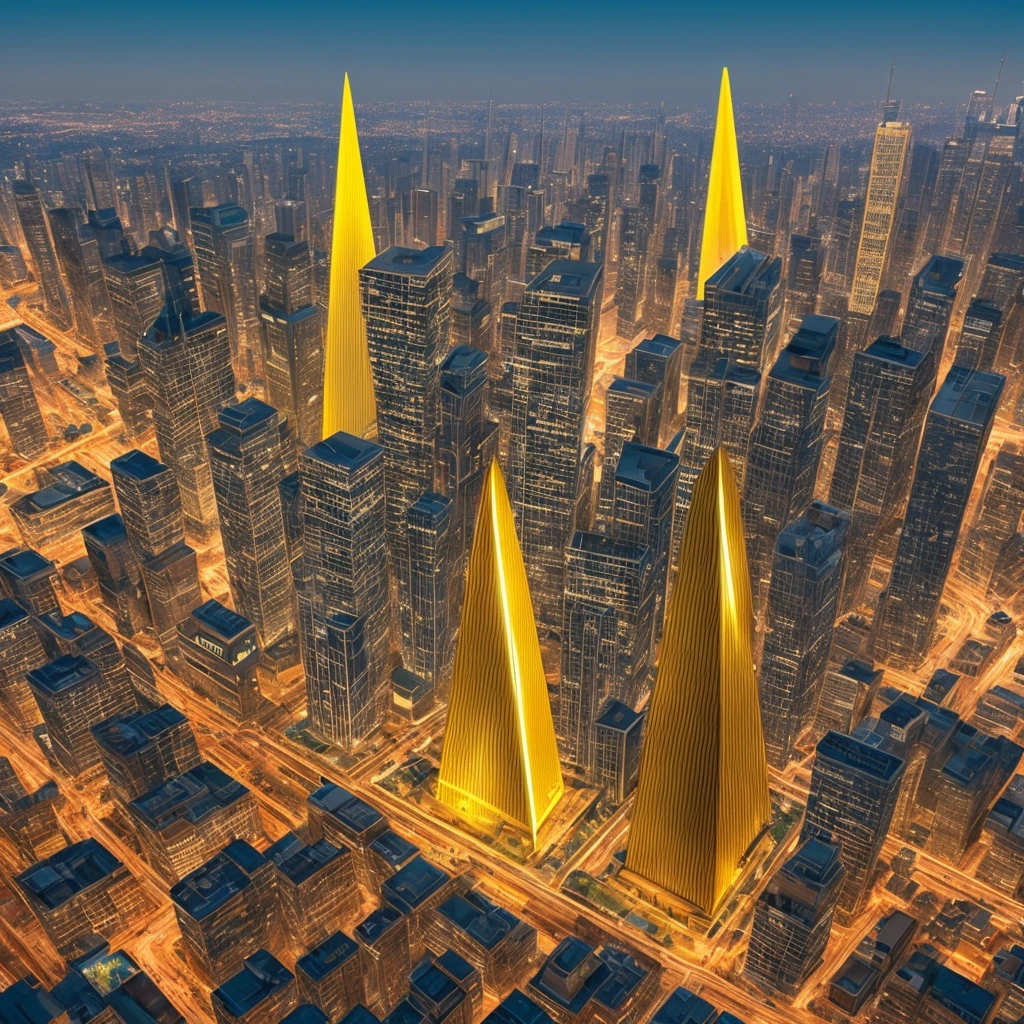 A futuristic background of a golden glass pyramid with laser beams leads to a hyper-realistic scific city with huge skyscrapers. The hyper resolution of the background is 4k and has an aspect ratio of 16:9.golden pyramid, masterpiece, anatomically correct, super detail, high quality, best quality, 8k, 16k, high details