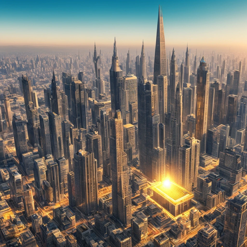 A futuristic background of a golden glass pyramid with laser beams leads to a hyper-realistic scific city with huge skyscrapers. The hyper resolution of the background is 4k and has an aspect ratio of 16:9.golden pyramid, masterpiece, anatomically correct, super detail, high quality, best quality, 8k, 16k, high details