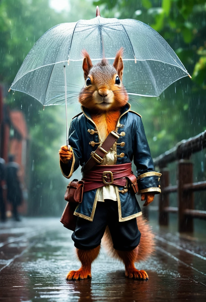 Stunning cinematic portrait of a boy-squirrel hybrid, its slender and agile form carrying an aura of enchantment and mystery.

Holding a white umbrella, the young figure stands out against the gentle rain that falls around him, creating a dreamlike and cinematic scenario. Your skin appears to glow with a soft iridescent glow, reflecting the luminosity of the rain.

Dressed in a sexy streetwear pirate costume, including a cropped top, short shorts and high boots, the squirrel boy displays a relaxed and confident posture, his eyes hidden behind sunglasses and a pirate hat gracefully positioned on his head.

Ao fundo, the imposing silhouette of a mutant pirate ship stands out, its phenomenal and aged structure highlighting the adventures and challenges that this hybrid being must have faced on its journeys.

Every detail of this 20k resolution photorealistic masterpiece is sculpted with sublime mastery, capturing every nuance of glowing skin, the texture of the costumes and the surrounding scenery. The result is a stunning, fully immersive vision, that transports the viewer to a fantastic and captivating world.

This squirrel-kid hybrid is a truly transcendent creation, uniting the grace and agility of the squirrel with the attitude and style of an urban pirate. The combination of realistic and imaginary elements results in a figure that is both familiar and extraordinary., awakening the fascination and admiration of all who contemplate it.