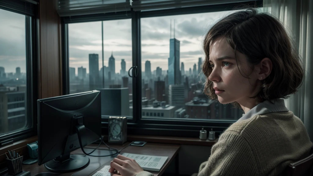 Dr. Evelyn Turing trapped in her office, watching the city in chaos through the windows, trying to communicate with the Guardian AI