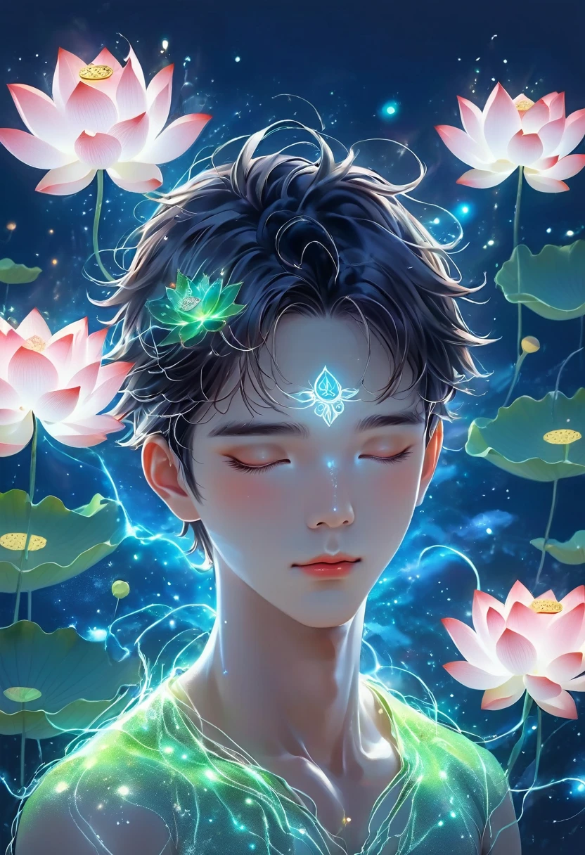 (masterpiece, best quality:1.2), digital art style, charming illustration,Peace pictures，1 boy, 18 years old, Wearing lotus on head，alone，body glow，glowing line，fluorescence,Luminous example，Tracking example，flash，萤light particles，backlight，translucent，light particles，correct human anatomy