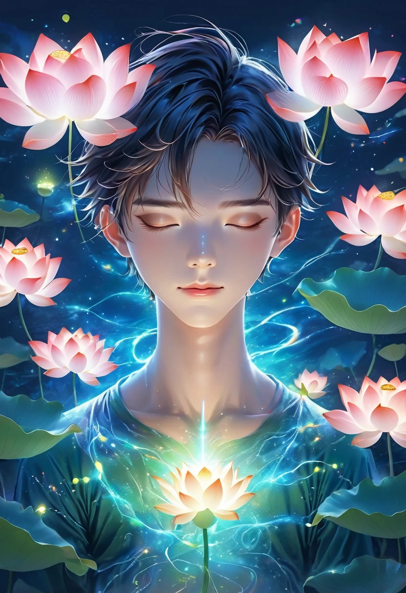 (masterpiece, best quality:1.2), digital art style, charming illustration,Peace pictures,1 boy, 18 years old, Wearing lotus on head,alone,body glow,glowing line,fluorescence,Luminous example,Tracking example,flash,萤light particles,backlight,translucent,light particles,correct human anatomy, open eyes