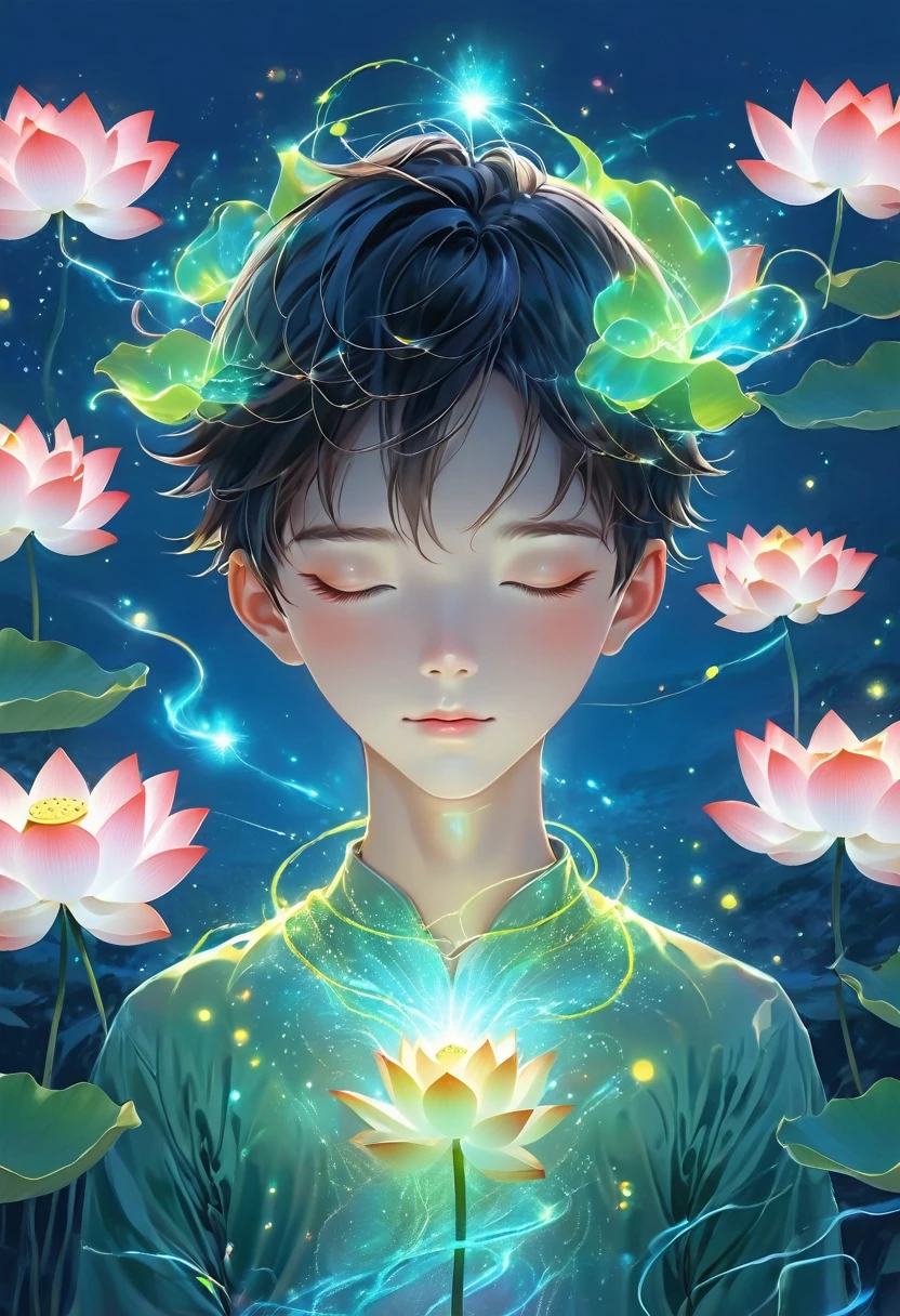(masterpiece, best quality:1.2), digital art style, charming illustration,Peace pictures,1 boy, 18 years old, Wearing lotus on head,alone,body glow,glowing line,fluorescence,Luminous example,Tracking example,flash,萤light particles,backlight,translucent,light particles,correct human anatomy, open eyes