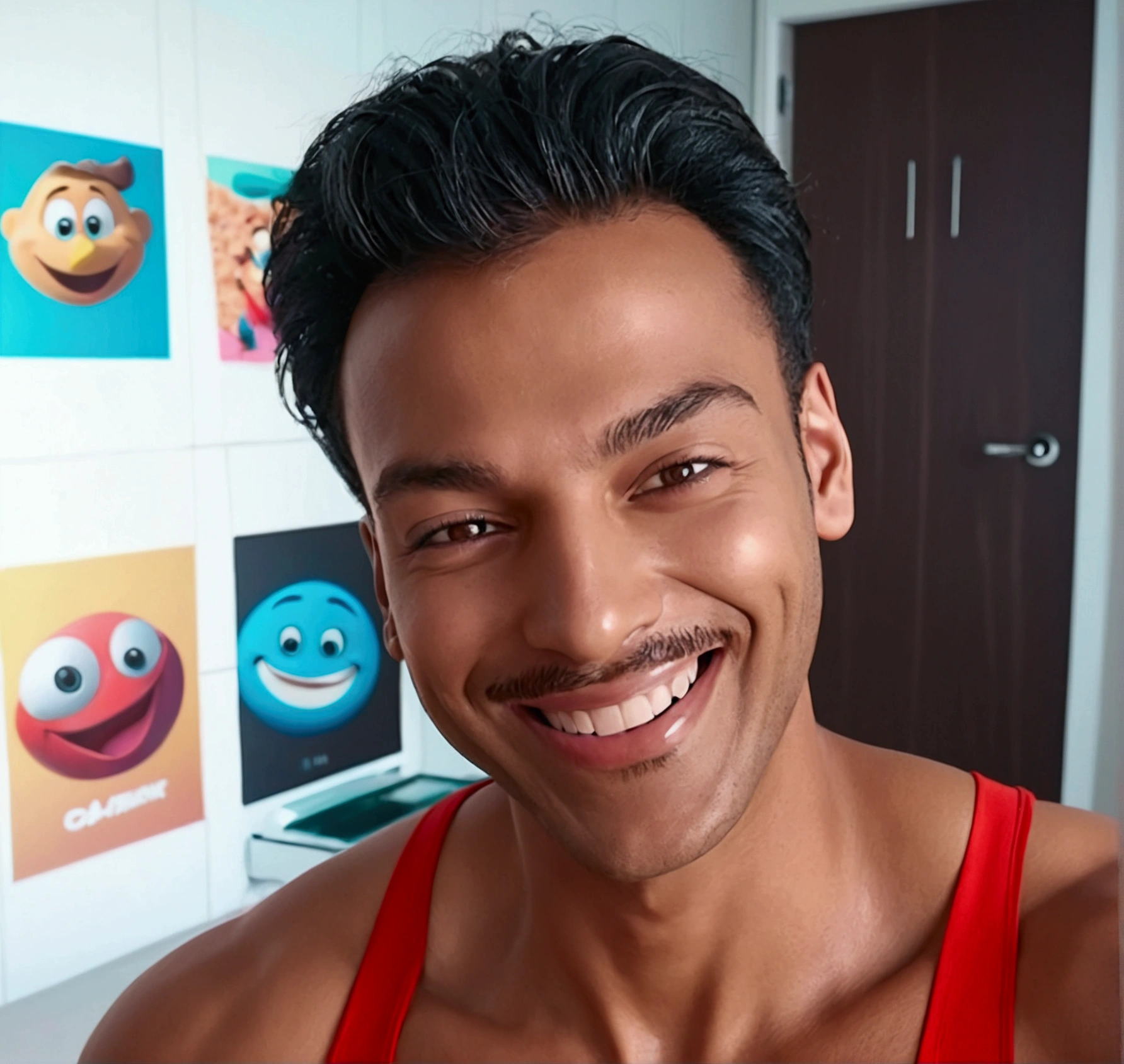 Illustration of smiling man, insane smile, brown skin man with a giant grin, smiling happily at the camera, cheeky smile, he is smiling, very huge smile, smiling male, headshot profile picture, laughing huge smile, drawing in 3D Art style, C4D, pure white color background, Disney style, pixar style render illustration Super Detail, 8K