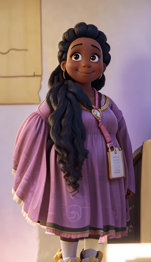 AN AFRO WOMAN!. She is a little fat woman. The woman with long black hair is smiling at the camera, wearing a pink dress and holding a yellow tag on her lanyard. She stands in front of a wall that has what appears to be an old document or manuscript displayed on it.