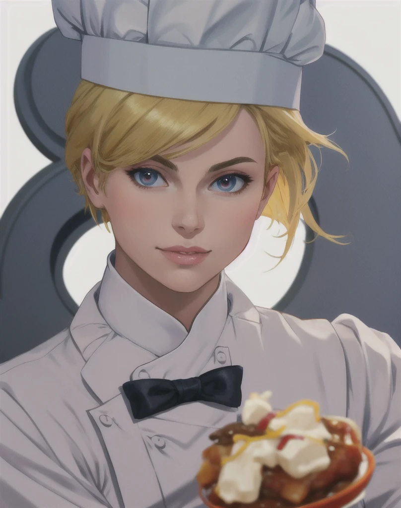 entrepeneu pose, white background, perfect, close-up, portrait, blonde chef chef looking at viewer, vivid colors