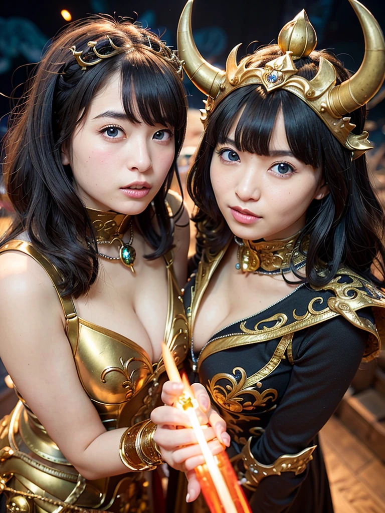 Professional , ​masterpiece、top-quality、photos realistic , 、top-quality、超A high resolution、(Photorealsitic:1.4)、Raw photo、depth of fields （Gemstone Gold Metal Body:1.9),(Matte White、Toostock、（cleavage of the breast）、（Detailed Dragon Armor）、（Have the strongest weapon）、（(Random Hairstyles 1.6),Dark Fantasy,）explosions、intense fighting、（Precipitous cliffs),Dragon Gold Weapon,Mystical expression、Particles of light、Fight dragons、（Detailed Dragon Helmet),Gorgeous Silver Weapons ,（（ Dragon's dense and gorgeous sword）） , Beautiful knife   ,warhammer 40k ,Detail and gorgeous crown、（（Blue hair））、（Castle background）、、（（Gangle's forest background））、Beautiful Caucasian beauty、１a person、dynamic ungle,(((Detailed and ornate Black Devil Crown)))、Smaller head、A smile、Castle background、Thin and beautiful female hands、cleavage of the breast、Soldier in iron armor on background、Mystical expression、Light Effects、intense fighting、Wind-effect、magic circles、With the legendary magic wand、（demonic wings）、Toostock、