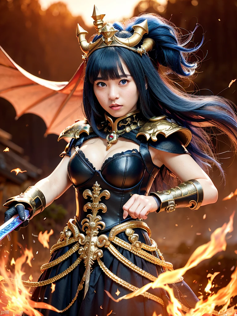 Professional , ​masterpiece、top-quality、photos realistic , depth of fields （Gemstone Black Metal Body:1.９),(Enamel Black、（cleavage of the breast）、（Chinese Dragon）、Mystical expression、Dragon Gold Weapon（Dragon Metal Body:1.４),Gorgeous gold weapons ,（（ Dragon's dense and gorgeous sword）） ,  、blood splashing、Mystical expression、  ,warhammer 40k , adepta sororitas,Detail and gorgeous crown、（（Brown hair））、（The dragon）、（Castle background）、The dragon、（（Gangle's forest background））、Beautiful Caucasian beauty、（１a person）、dynamic ungle,(((Detailed and ornate dragon helmet)))、Smaller head、A smile、Castle background、Thin and beautiful female hands、cleavage of the breast、Mystical expression、Light Effects、Wind-effect、magic circles、With the legendary magic wand、（demonic wings）、Toostock、