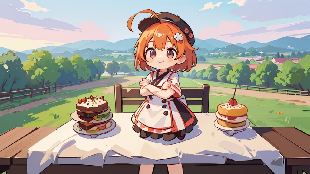(((masutepiece))), Best Quality, Extremely detailed, (Chef Costume:1.2), (Chef's Hat), (((girl)), (((Solo))), Happy, ((Full body)), Ahoge, (((Deformed))), (((Chibi Character))), ((crossed arms))), (((standing))), (((standing in front of the table))), ((many food)), (( food on table)), panoramic country background, ((country background behind the table)), ((( country background))), (((overview))), (((Perspective)))