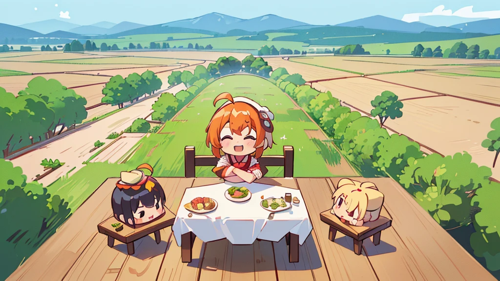 (((masutepiece))), Best Quality, Extremely detailed, (Chef Costume:1.2), (Chef's Hat), (((girl)), (((Solo))), Happy, ((Full body)), Ahoge, (((Deformed))), (((Chibi Character))), ((crossed arms))), (((standing))), (((standing in front of the table))), ((many food)), (( food on table)), panoramic country background, ((country background behind the table)), ((( country background))), (((overview))), (((Perspective)))