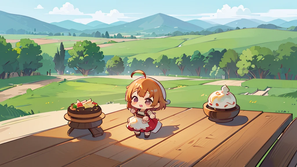 (((masutepiece))), Best Quality, Extremely detailed, (Chef Costume:1.2), (Chef's Hat), (((girl)), (((Solo))), Happy, ((Full body)), Ahoge, (((Deformed))), (((Chibi Character))), ((crossed arms))), (((standing))), (((standing in front of the table))), ((many food)), (( food on table)), panoramic country background, ((country background behind the table)), ((( country background))), (((overview))), (((Perspective)))