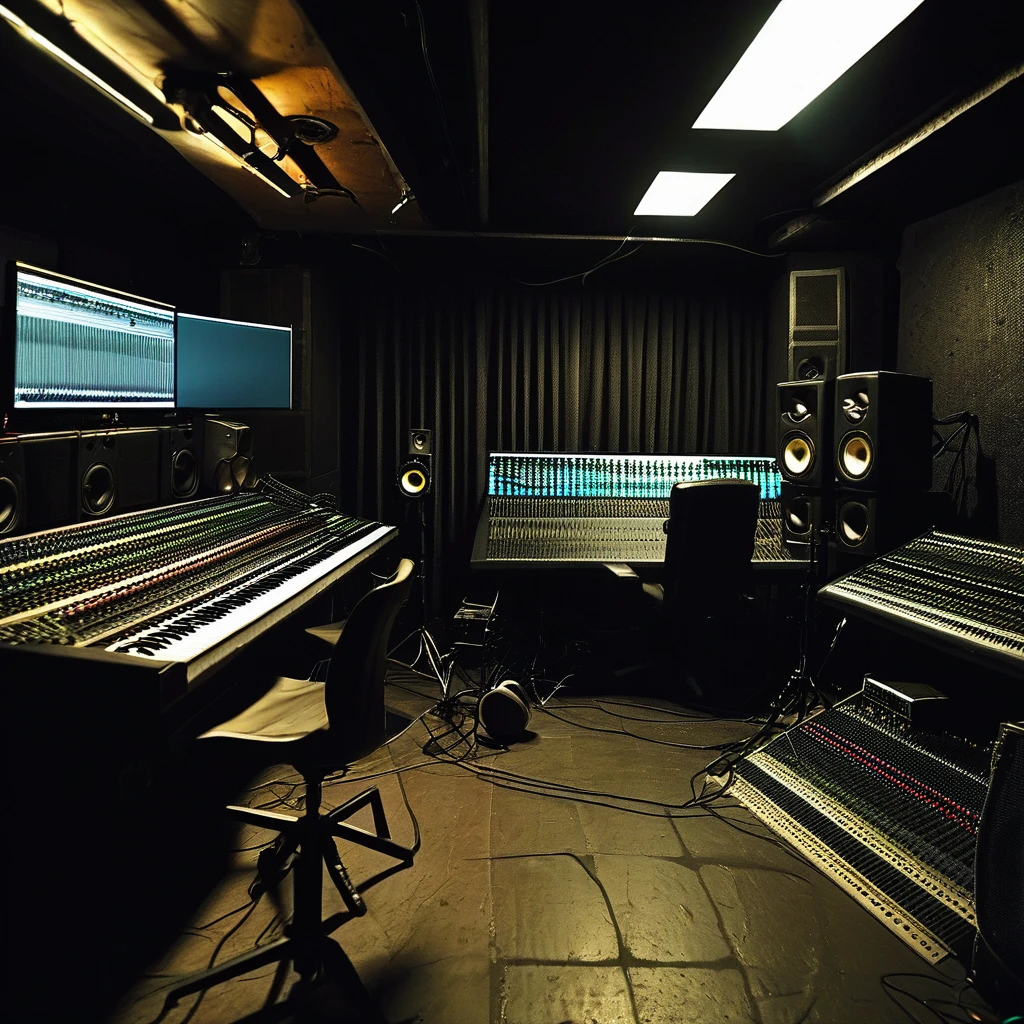 Amateur photo in an underground recording studio with a minimum of equipment in the frame, a company of Russian white underground rappers recording a track in a dark studio, photo taken by one of the group members, an ordinary cheap studio, gloomy look, high quality, realism, hyperrealism, crime rap,