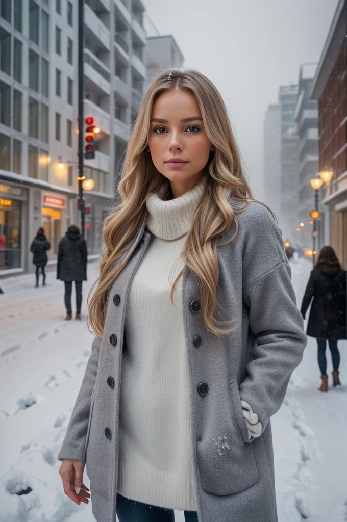 professional portrait photograph of a gorgeous Norwegian girl in winter clothing with long wavy blonde hair, sultry flirty look, gorgeous symmetrical face, cute natural makeup, wearing elegant warm winter fashion clothing, ((standing outside in snowy city street)), stunning modern urban environment, ultra realistic, concept art, elegant, highly detailed, intricate, sharp focus, depth of field, f/1. 8, 85mm, medium shot, mid shot, (((professionally color graded))), bright soft diffused light, (volumetric fog), trending on instagram, hdr 4k, 8k
