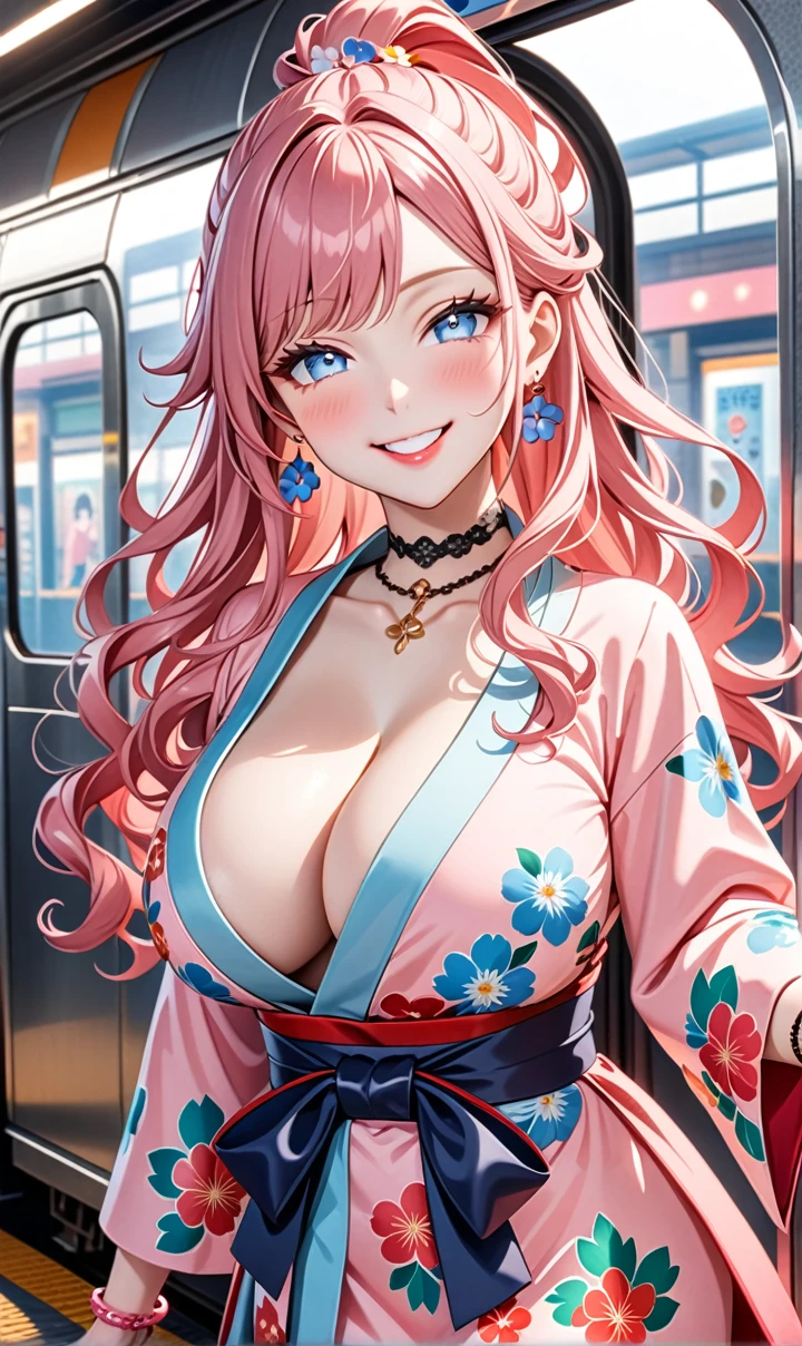 ultra-detailed, ((one girl)), (pale skin:1.4), in pastel colors gyaru, (heavy makeup), (professional lighting) hyper detailed, absurdres, 8K, Beautiful Face, (Laugh shyly), ((teasing smile:1.8)), ((Wink:1.7)), (Laugh with your mouth wide open),((Tilt your face:1.6)), View your viewers, ((Bright red cheeks:1.6)),Glossy Red Lips, ((Big Breasts:1.5)),  ((undressing:1.2)), noon, Getting off the train , ((Anime style background)),masterpiece, Highest quality, so beautiful,Latest, Complex details, (Pink long nails), (nail art), (ring),(bracelet), (Floral Choker),AI-generated, Complex,High resolution, Highest quality, super high quality,3D Images、3D Images,One person,Pastel pink long hair,(High Ponytail), (wavy hair:1.3), Pastel anime woman posing for a photo, ((Fine grain、blue eyes、glowing eyes:1.4)), (Squint your eyes:1.1),a hyperRealistic , hyperRealistic , Realistic,Anime woman with long pastel pink hair, Smooth anime CG art, A girl in a gorgeous pastel-colored kimono, ((Pastel-colored furisode)),(Pink large floral pattern), Long flower hair ornament,Floral Earrings,Mature Body, tall,Narrow waist,((Reaching out:1.6)),