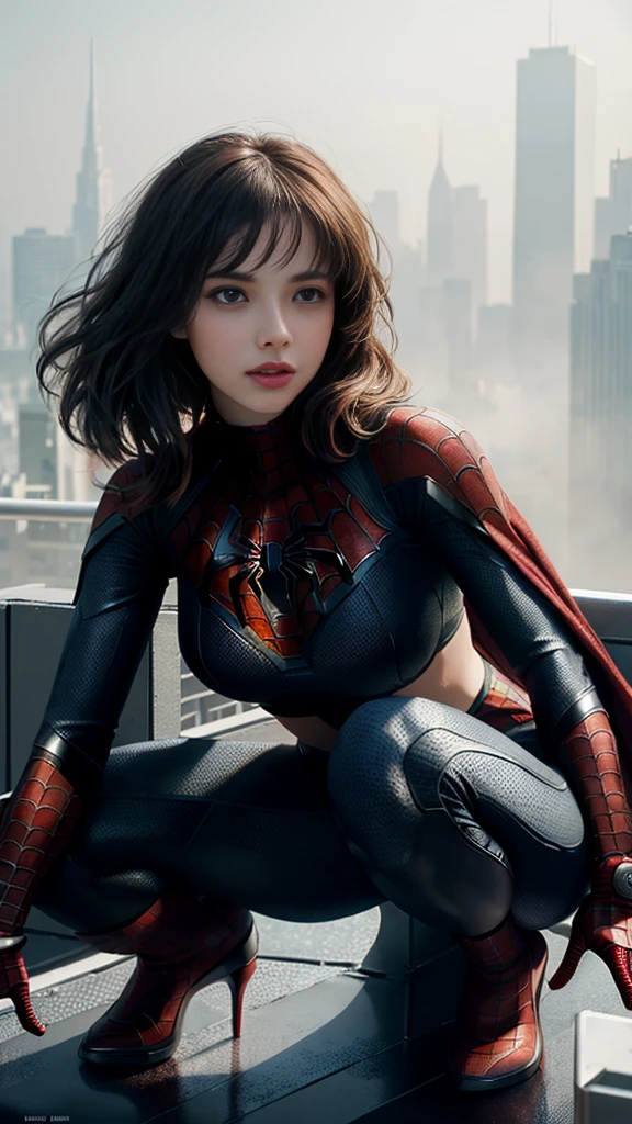full body, (1girl:1.3), Solo, (((Very detailed face)))), ((Very detailed eyes and face)))), Beautiful detail eyes, Body parts__, Official art, Unified 8k wallpaper, Super detailed, beautiful and beautiful, beautiful, masterpiece, best quality, original, masterpiece, super fine photo, best quality, super high resolution, realistic realism, sunlight, half body, amazing beauty, allured chest, dynamic (squatted couching) pose, delicate face, vibrant eyes, (from the front), She wears Spider-Man suit, red and black color scheme, spider, very detailed city roof background, rooftop, overlooking the city, detailed face, detailed complex busy background, messy, gorgeous, milky white, highly detailed skin, realistic skin details, visible pores, clear focus, volumetric fog, 8k uhd, DSLR, high quality, film grain, fair skin, photo realism, lomography, futuristic dystopian megalopolis, translucent