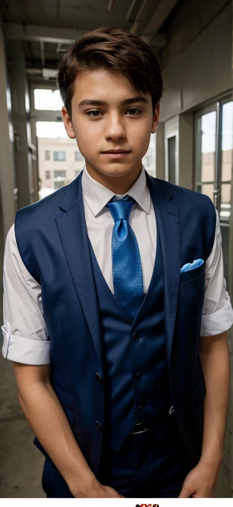 13 year old male in blue tie and suit and vest