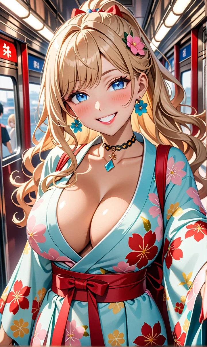 ultra-detailed, ((one girl)), (tan skin:1.6), in pastel colors gyaru, (heavy makeup), (professional lighting) hyper detailed, absurdres, 8K, Beautiful Face, (Laugh shyly), ((teasing smile:1.8)), ((Wink:1.7)), (Laugh with your mouth wide open),((Tilt your face:1.6)), View your viewers, ((Bright red cheeks:1.6)),Glossy Red Lips, ((Big Breasts:1.5)),  ((undressing:1.2)), noon, Getting off the train , ((Anime style background)),masterpiece, Highest quality, so beautiful,Latest, Complex details, (Pink long nails), (nail art), (ring),(bracelet), (Floral Choker),AI-generated, Complex,High resolution, Highest quality, super high quality,3D Images、3D Images,One person,Blonde long hair,(High Ponytail), (wavy hair:1.3), Blonde anime woman posing for a photo, ((Fine grain、blue eyes、glowing eyes:1.4)), (Squint your eyes:1.1),a hyperRealistic , hyperRealistic , Realistic,Anime woman with long pastel yellow hair, Smooth anime CG art, A girl in a gorgeous pastel-colored kimono, ((Pastel-colored furisode)),(Pink large floral pattern), Long flower hair ornament,Floral Earrings,Mature Body, tall,Narrow waist, ((Reaching out:1.7)), 