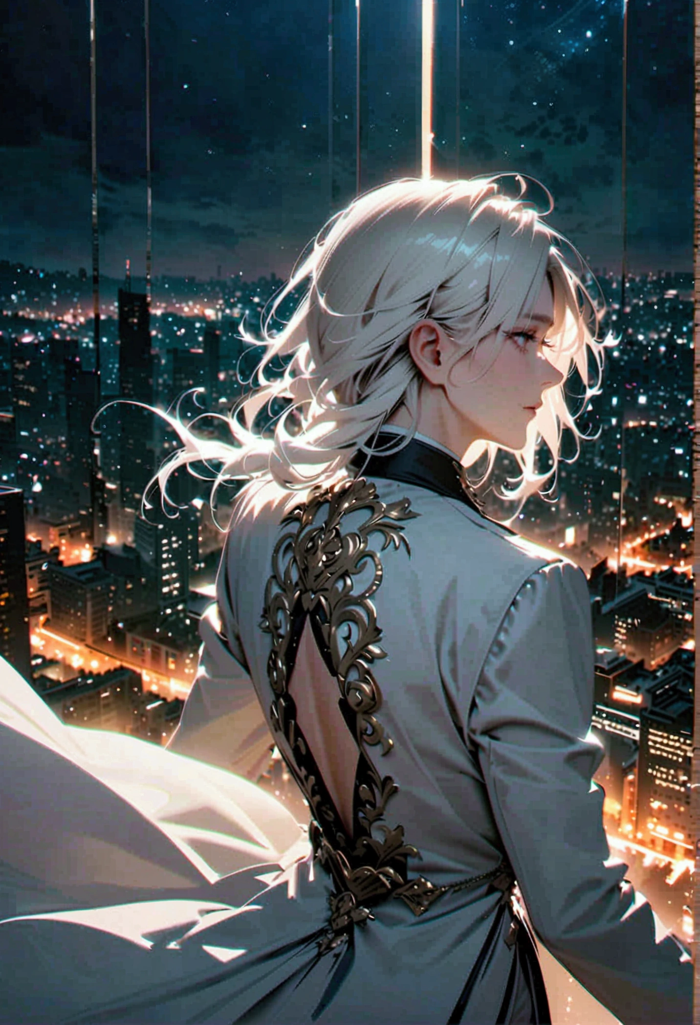 A white-haired man in a white suit turns his back on the city at night.