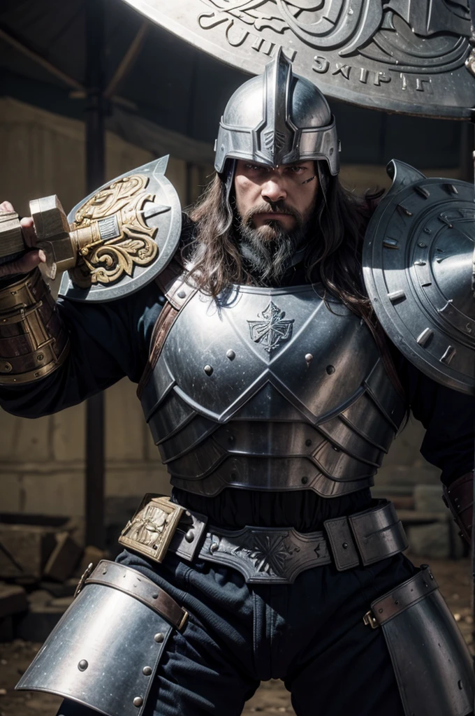 A strong Taruine wearing full armor, a shield and a war hammer