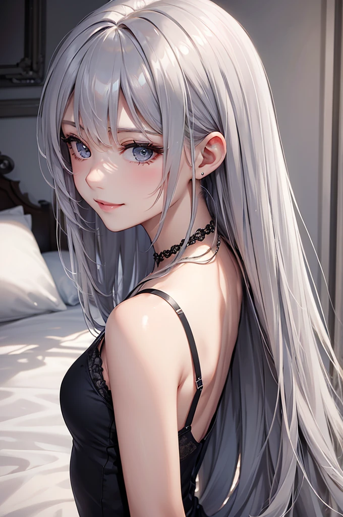 Best Quality,High resolution,8K,finelity detailed background,Masterpiece:1.2),beautiful girl,Glossy romance gray hair,asymmetrical hair,Gray eyes,Gentle look,A refreshing look,smile,Best quality,Best Quality,Aesthetic and aesthetic:1.2,Best details((Super detailed))(High-definition CG illustrations),Upper Body,Dark grey underwear,Slender body,night,moon,Bedroom,On the bed,smile,blush,cute,Scrounge,Looking up,Being spoiled,super model,wariza,shoot from,below