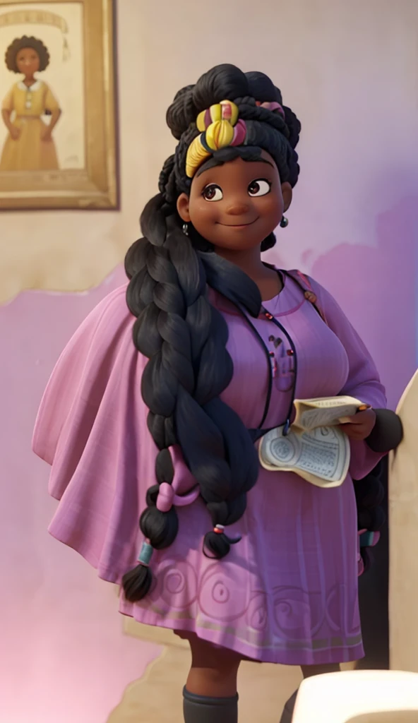 AN AFRO WOMAN!. She is a little fat woman. The woman with long black hair is smiling at the camera, wearing a pink dress and holding a yellow tag on her lanyard. Her hair has braids. She stands in front of a wall that has what appears to be an old document or manuscript displayed on it.