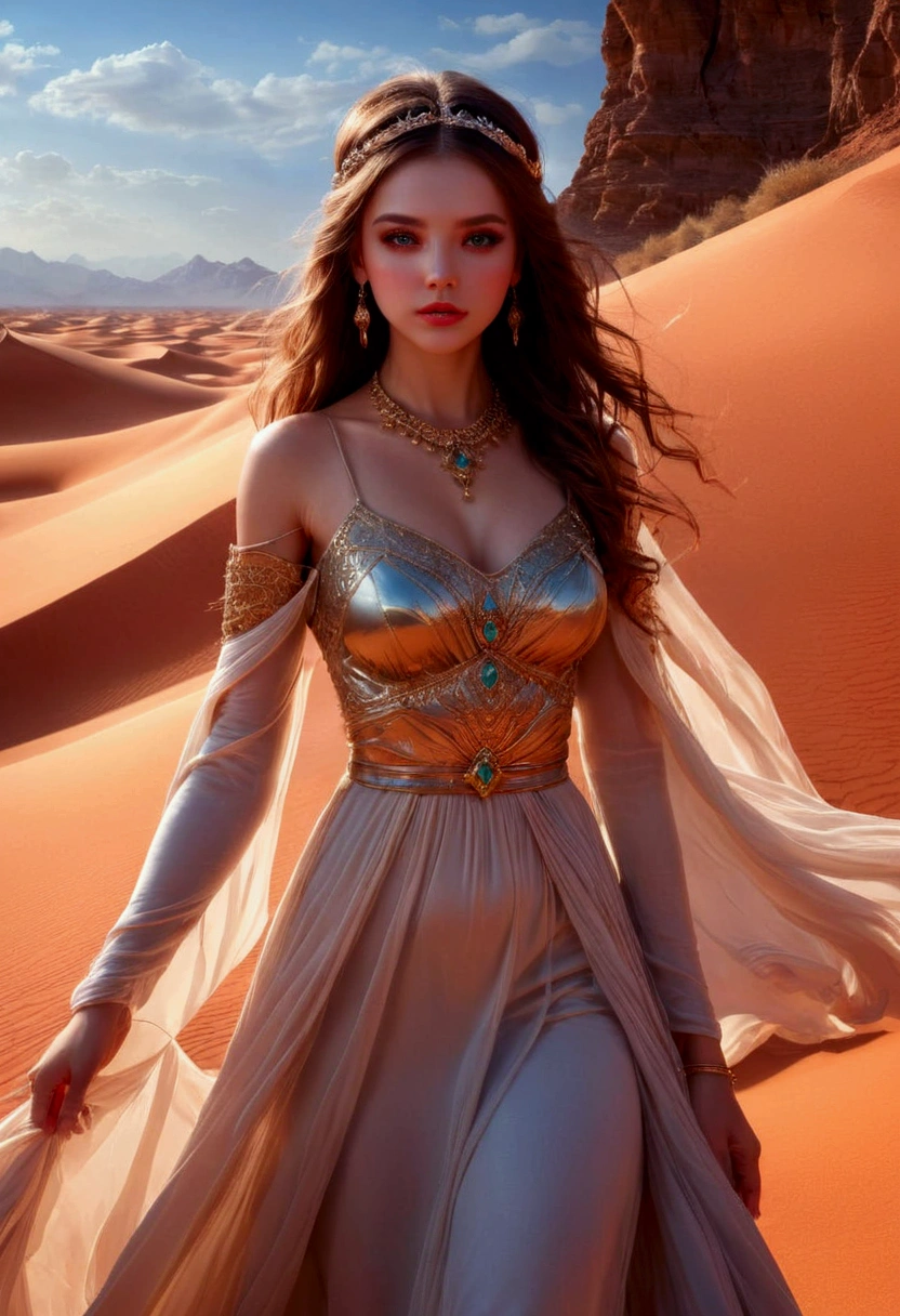 1girl, Desert Princess, A beautiful desert princess, detailed face, long eyelashes, full lips, flowing dress, intricate jewelry, desert landscape, dramatic lighting, epic fantasy, cinematic, highly detailed, 8K, masterpiece, best quality, very aesthetic, absurdres
