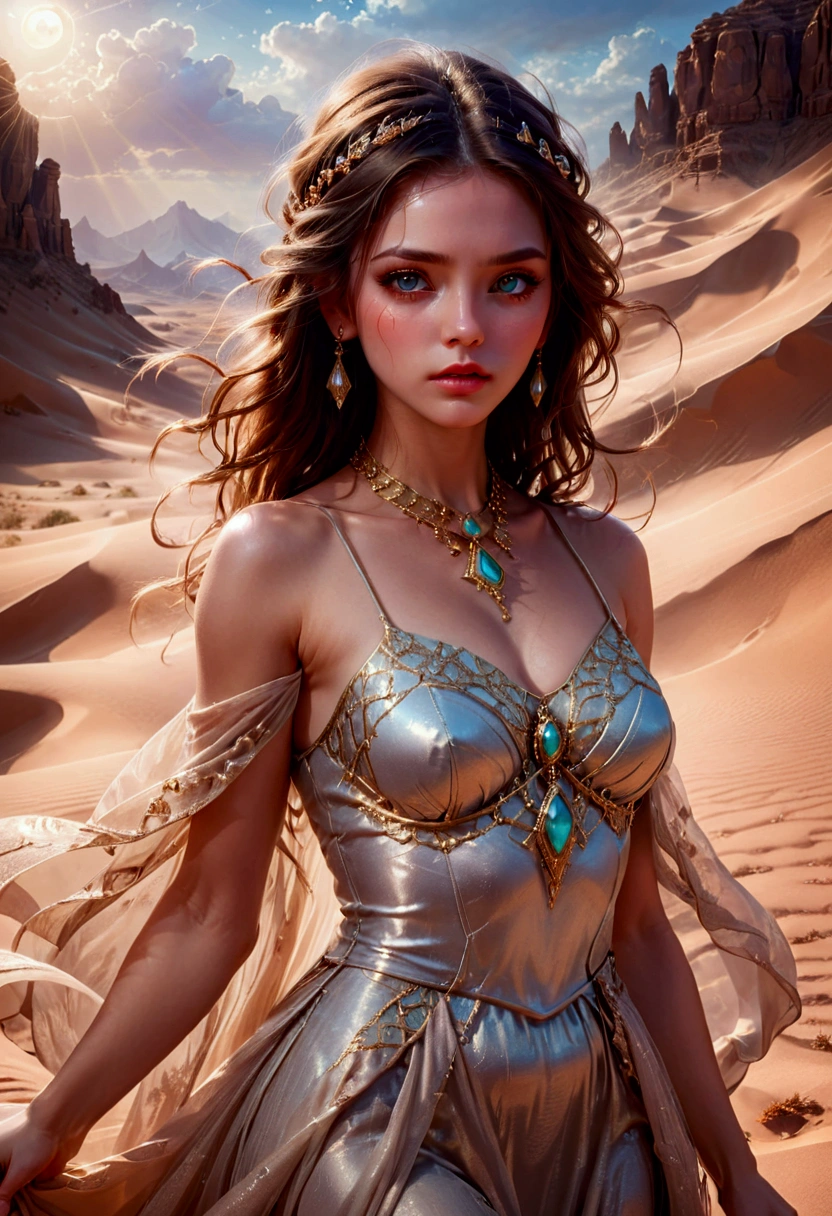 1girl, Desert Princess, A beautiful desert princess, detailed face, long eyelashes, full lips, flowing dress, intricate jewelry, desert landscape, dramatic lighting, epic fantasy, cinematic, highly detailed, 8K, masterpiece, best quality, very aesthetic, absurdres