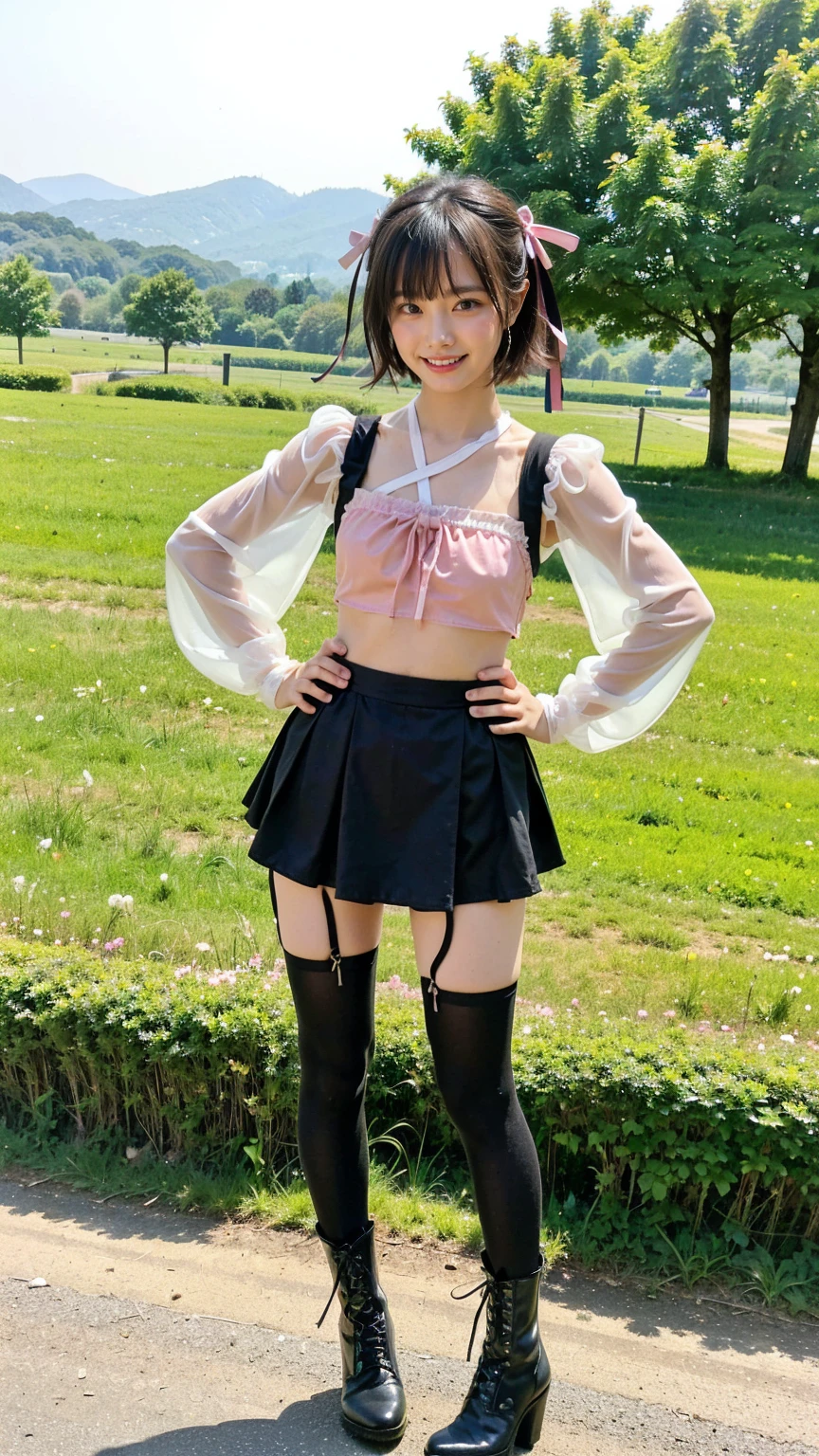 (8K、RAW Photos、Highest quality、masterpiece:1.2)、(Highest quality、Realistic)、1 Girl、((See-through、Belly button、Idol Costume、ribbon、mini skirt、tights、Medium Hair、smile、Pink and black、Thin legs、whole body、boots、garden、View from the front、Looking into the camera、Stand with hands on hips))、cute