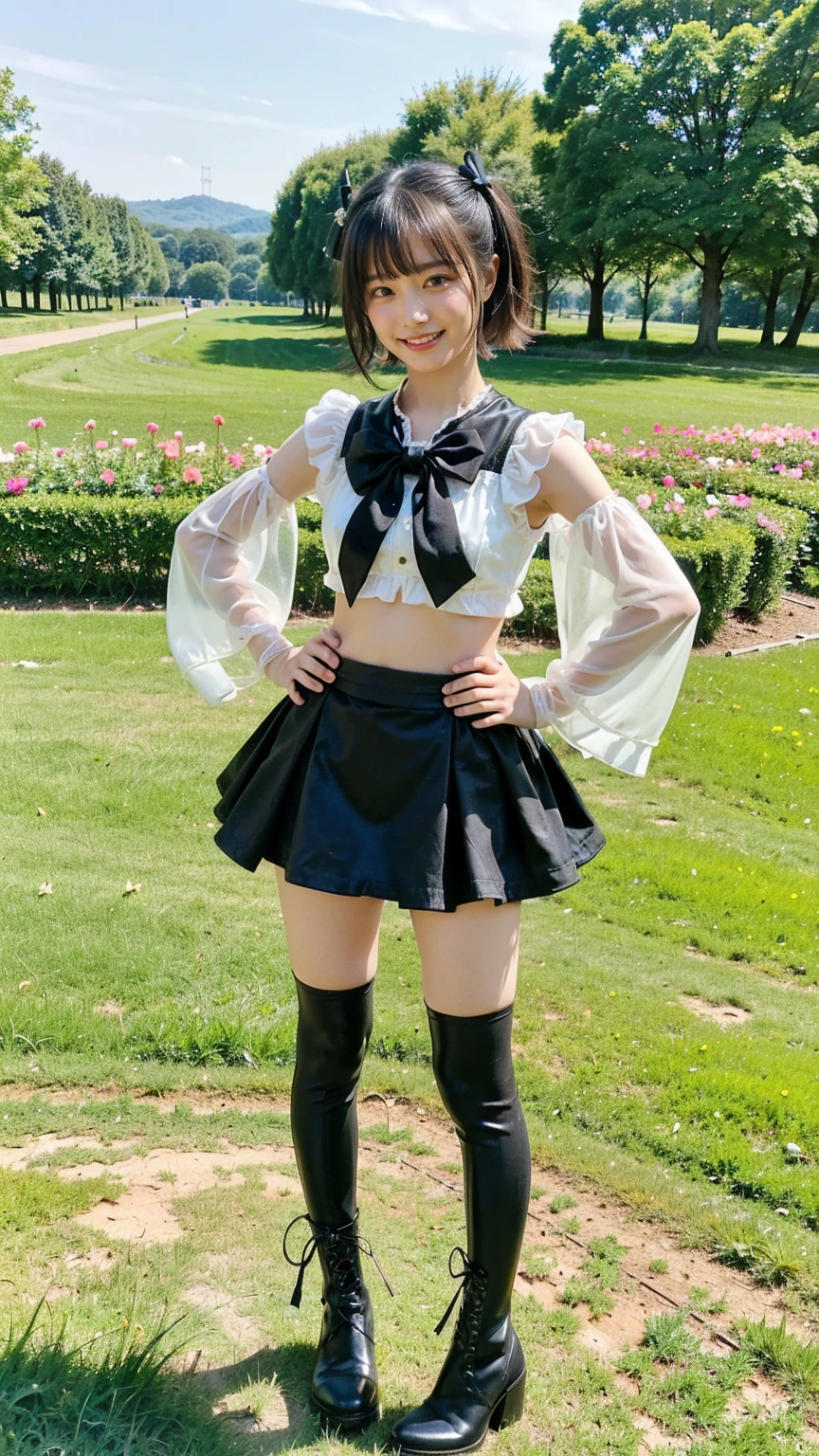 (8K、RAW Photos、Highest quality、masterpiece:1.2)、(Highest quality、Realistic)、1 Girl、((See-through、Belly button、Idol Costume、ribbon、mini skirt、tights、Medium Hair、smile、Pink and black、Thin legs、whole body、boots、garden、View from the front、Looking into the camera、Stand with hands on hips))、cute