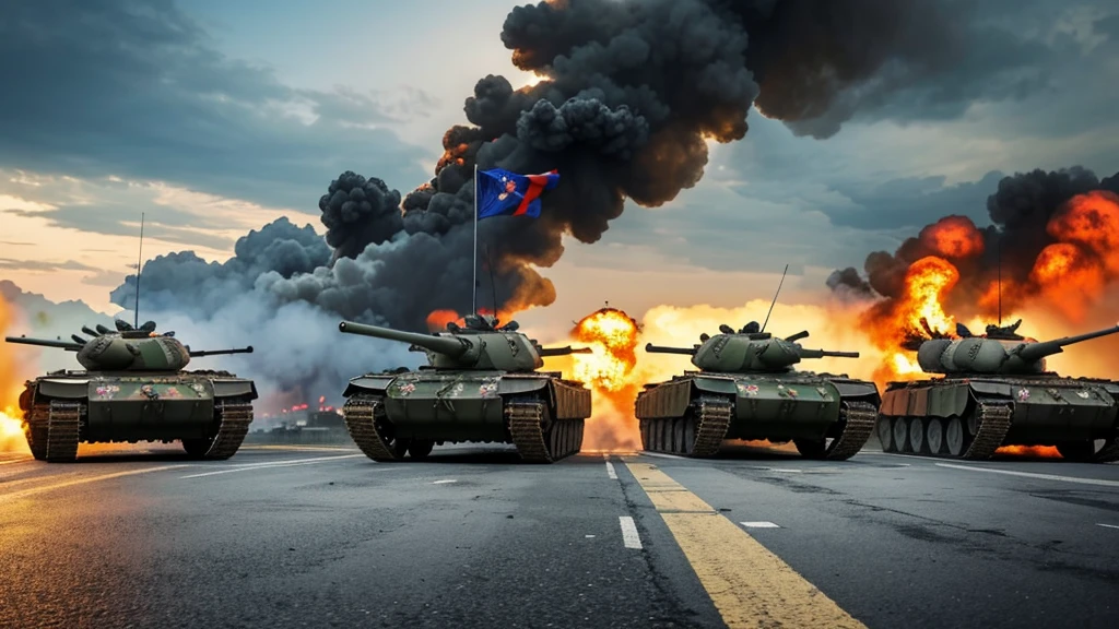 Create a realistic picture of a war between China and Taiwan. Show a devastated urban battlefield with Chinese and Taiwanese soldiers in combat. Include tanks, helicopters, explosions, and smoke. Add flags of China and Taiwan. The setting should be dark and dramatic, with a cloudy sky.
