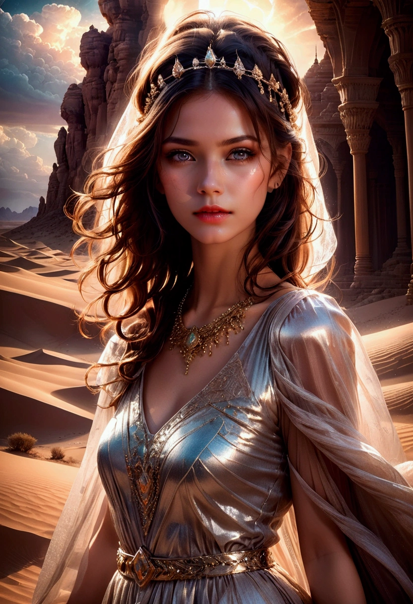 1girl, Desert Princess, A beautiful desert princess, detailed face, long eyelashes, full lips, flowing dress, intricate jewelry, desert landscape, dramatic lighting, epic fantasy, cinematic, highly detailed, 8K, masterpiece, best quality, very aesthetic, absurdres