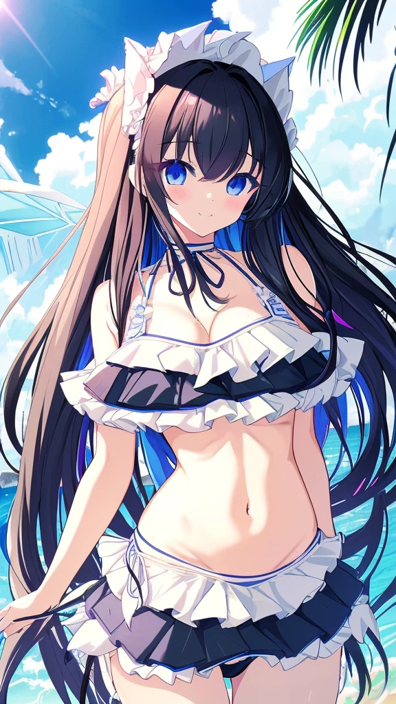 best quality, extremely detailed, anime style girl, long hair down to the waist, straight hair, dark black hair with bluish,beautiful detailed eyes, pinched eyes, dark blue eyes, huge breasts,((((cutie white base colorful frill
 Bikini)))),beach side Luxurious room,smile,active pose 