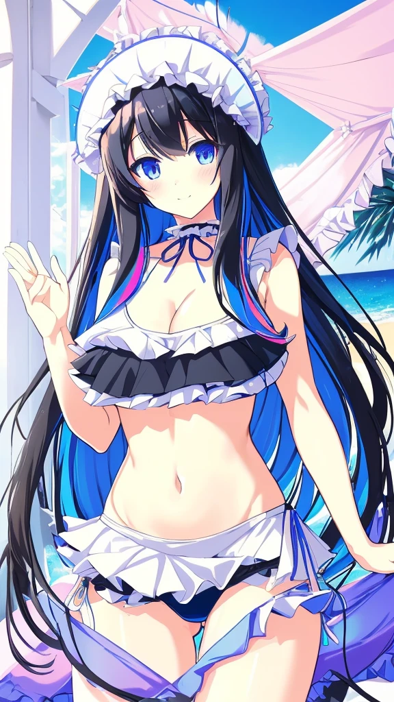 best quality, extremely detailed, anime style girl, long hair down to the waist, straight hair, dark black hair with bluish,beautiful detailed eyes, pinched eyes, dark blue eyes, huge breasts,((((cutie white base colorful frill
 Bikini)))),beach side Luxurious room,smile,active pose 