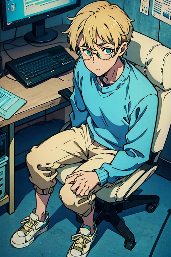 8k, original, 1boy, nerd, illustration, mix, (single object), hd, absurdres, lora ((mappa studio style)), anime style, 2d, celshade style, digital art, round glasses, blonde hair, short hair, cyan sweater with high neck, long sleeves, beige pants, sneaker shoes, sitting on chair, computer, hacker, high angle camera