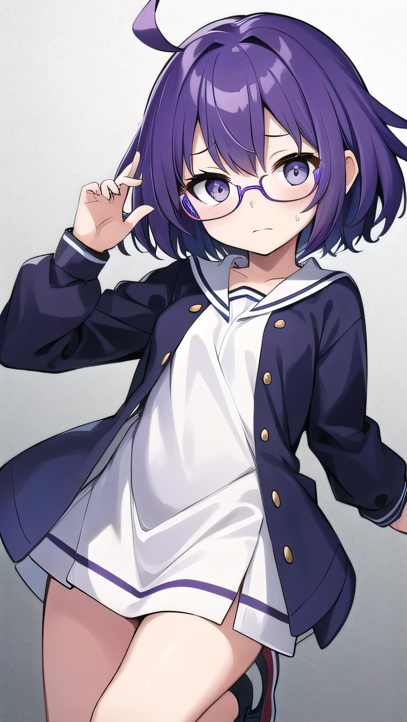 (Purple hair:1.4), gray eyes, white , navy blue miniskirt, , short, short long hair, kind expression, shy, , almost no breasts, slightly exposed. hair,(flipped hair ), flipped hair, long sleeves, ahoge, girl alone, flipped hair, flipped hair, flipped hair, flipped hair, glasses with no edges, embarrassed, flat chest，striped shirt