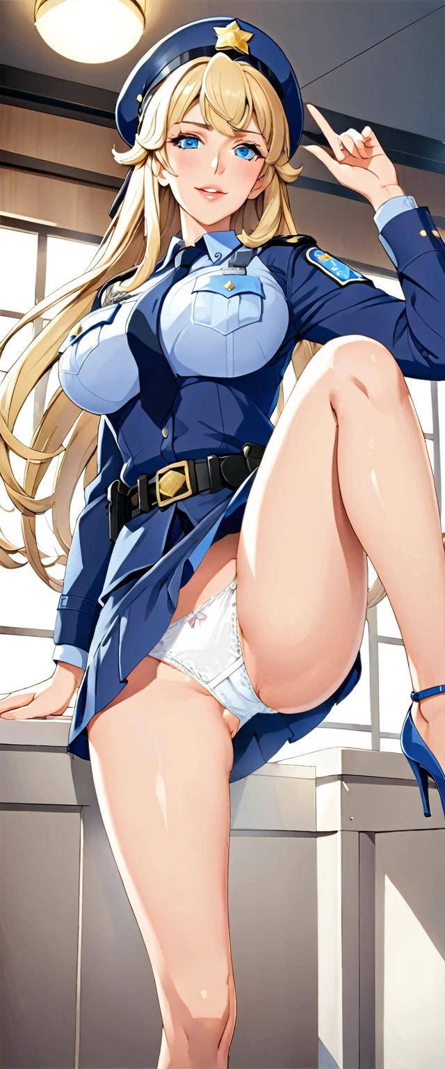 , (Spread your legs)、 (White panties), Female police officer, Blue Uniform、Mini Skirt Police、White shirt, sunny, Mature Woman, Anime Cel Style, Highest quality, High resolution, One Girl, (Large Breasts:1.2), Beautiful Face, Beautiful fingers, Beautiful long legs, Beautiful body, Beautiful Nose, Beautiful character design, blonde, bangs, blue eyes, Show Viewer, Cowboy Shot, blush、Embarrassed look、Nipples are visible、 、