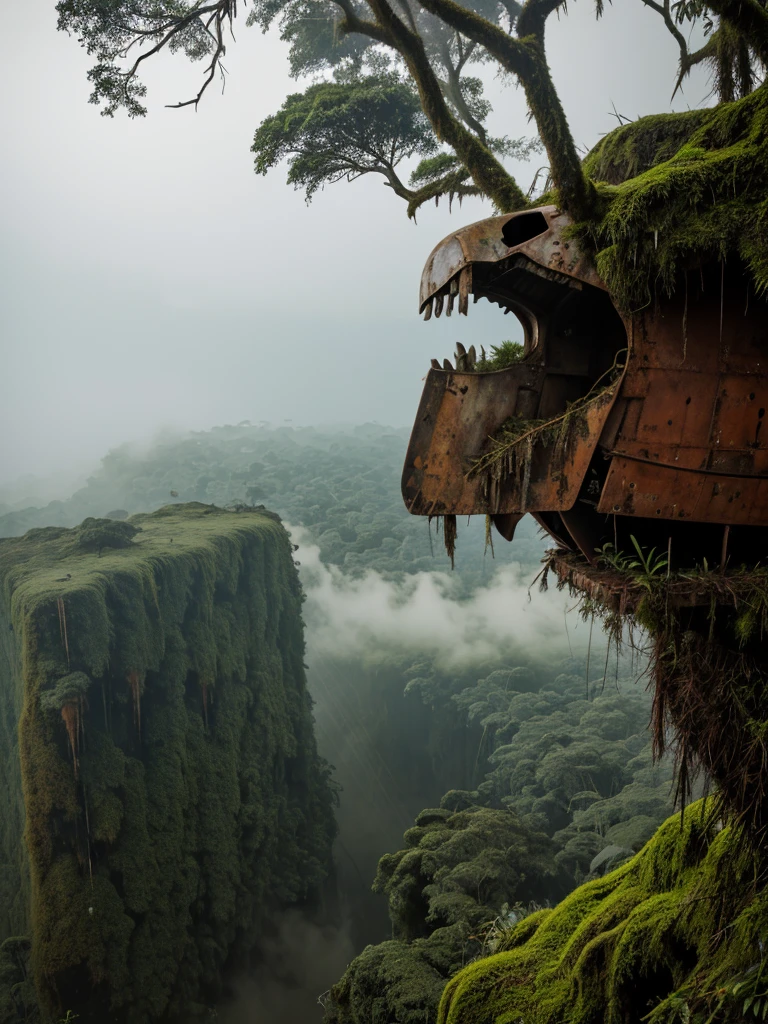 (RAW PHOTO), The rusted airplane with the skull of a lion, in the Amazon jungle, on the highest cliff, Moss, fog, details, hyper-realistic, 16k