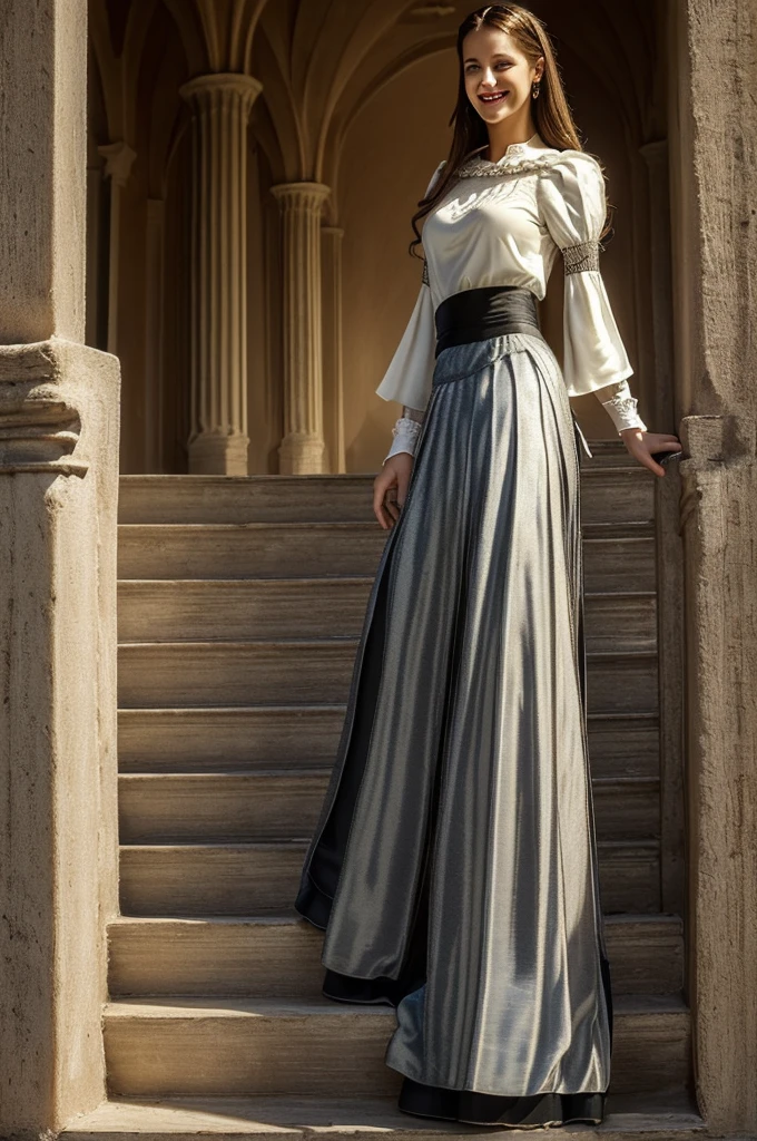 smiling woman, (((cortesia hair trajes,((long skirt)),(Masterpiece, first quality, Derecho near and far), Bella's expression, and 8K, raw photo, photorealistic, film grains, Chromatic aeration, high resolution, ultra detailed, finely detail, dynamic lighting, dramatic lighting、sombre、extremely detailed eyes and face、Modern and luxurious round pupillaureau.)))、long legs, viki odintcova, black hair with blonde highlights, long black hair with blonde highlights