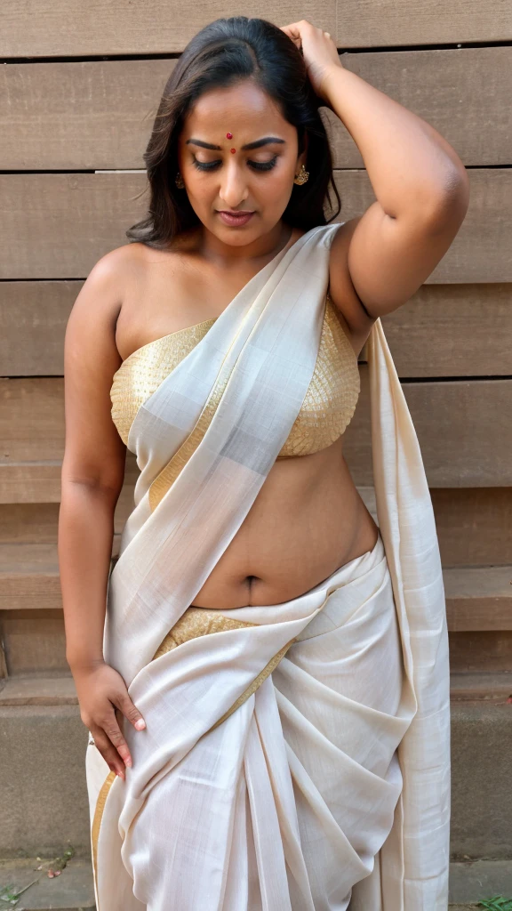Foto RAW, photorealistic, photography, full body shot, 50 years old Woman, master shot, perfect eyes, goddess like beauty, pierced eyes, perfect thick chubby mallu Desi aunty bhabhi, Wearing a Stanapatta, a chest-band.Saree model, model Photography, Indian saree shoot, Indian traditional wear advertising photography, traditional wear brand shoot, face of Indian actress Sonakshi Sinha, masterpiece, realistic, realism, incredible details, pleasure, photorealism, detailed skin, skin pores, high contrast, photorealistic Artstation 8k HD digital art trend of high definition and detailed realistic skin texture, ultra detail, realistic skin texture, armature, best quality, ultra high definition, (photorealistic:1.4),, high resolution, detail, raw photo, sweat, Re sharp, by Lee Jefferies Nikon D850 Film Stock Photo 4 Kodak Portra 400 Camera F1.6 Lens Rich Color Ultra Real Realistic Realistic Textures Dramatic Lighting Unreal Engine Trending at Art Station Cinestill 800,(pele altamente detalhada: 1.2), 8k UHD, DSLR, soft-lighting, alta qualidade, grain of film, Fujifilm XT3,she didn't like to wear blouse or bra, she is happy to wear only saree, she hates blouse or bra, detailed hairy armpits, hyper realistic skin, skin pores, sweat, veins, short hairs on armpit, stubble armpits, hyper realistic hairy armpits, low waist saree,