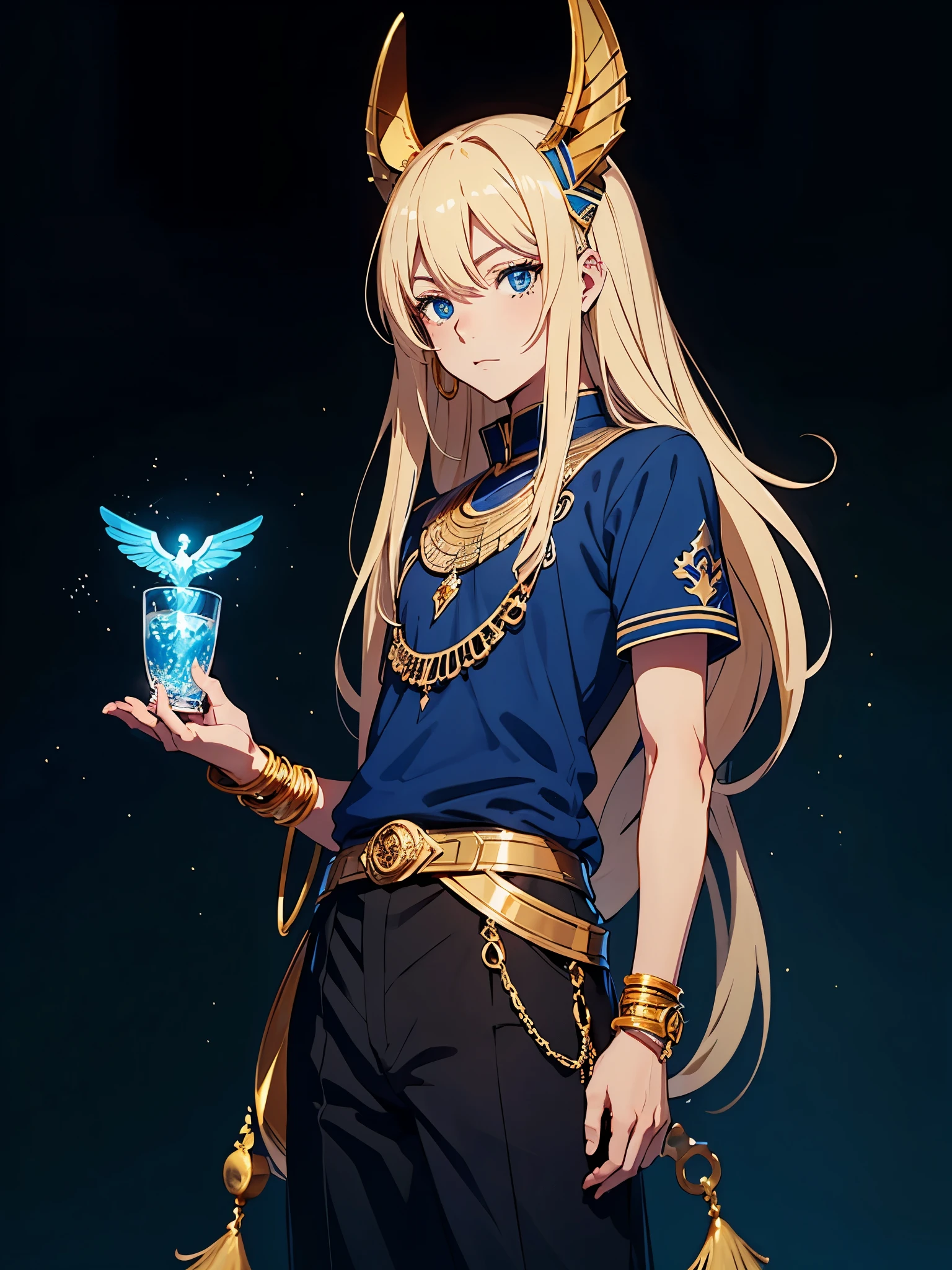 Schakalohren. More anime style. cutie pie. アニメ! Teenage boy. Egyptian deity Anubis. Egyptian blue clothing. Blue clothes.  long blond hair. Lots of gold jewelry. dark skin. Egyptian. dazzling blue eyes. mystical. divine.
