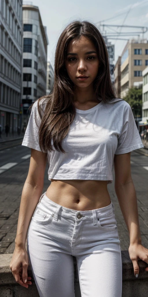 Melanie Rios, straight hair, thin body, expressive eyes, above view, looking to the viewer, white t-shirt, black jeans pants, at night, in Berlin