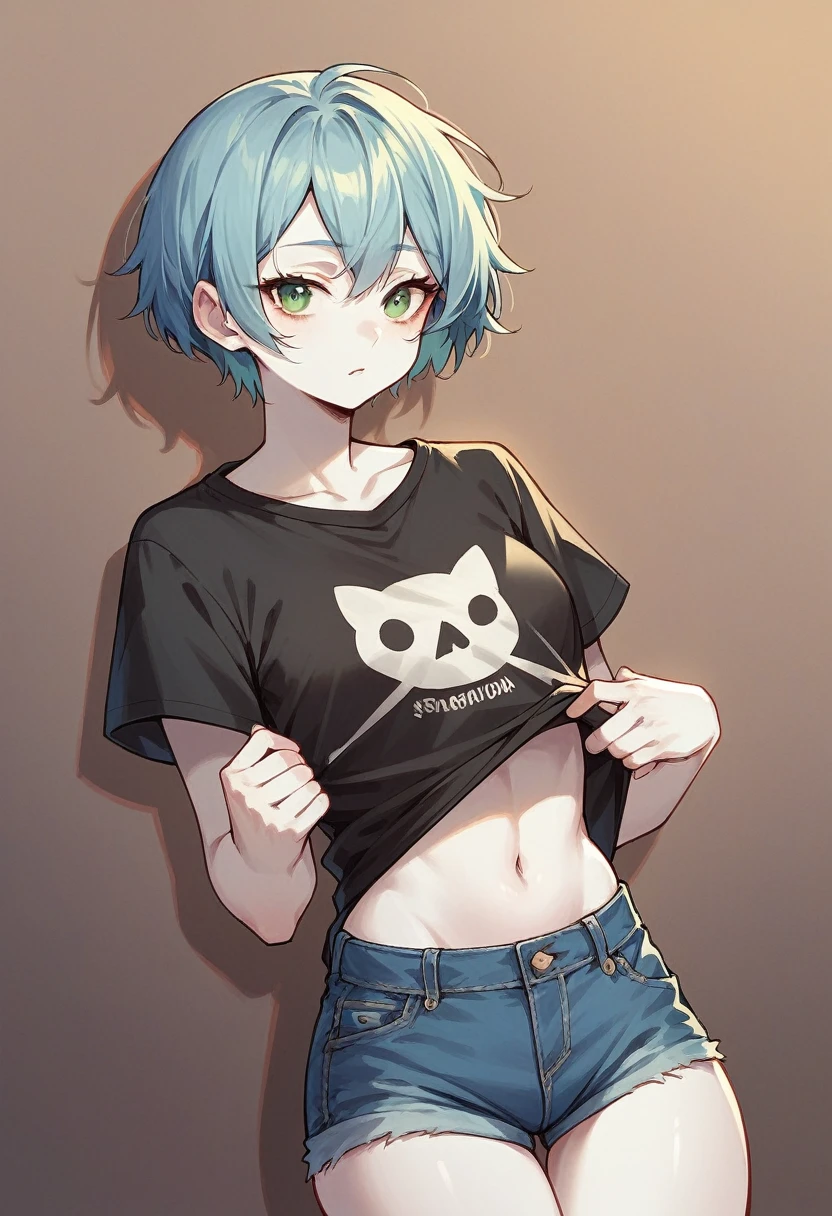 wolf ears, boy, gold eyes, ice blue hair, short hair, wolf tail, HD, gray long-sleeved shirt, black booty shorts, accurate hands, black thigh highs, smug, flat chest, bed