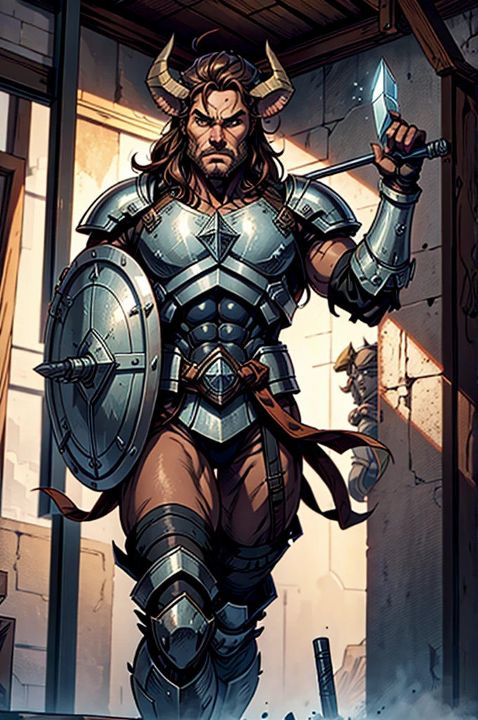 A minotaur wearing full armor, a shield and a war hammer