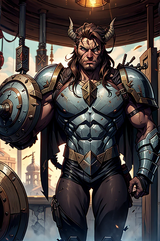 A minotaur wearing full armor, a shield and a war hammer
