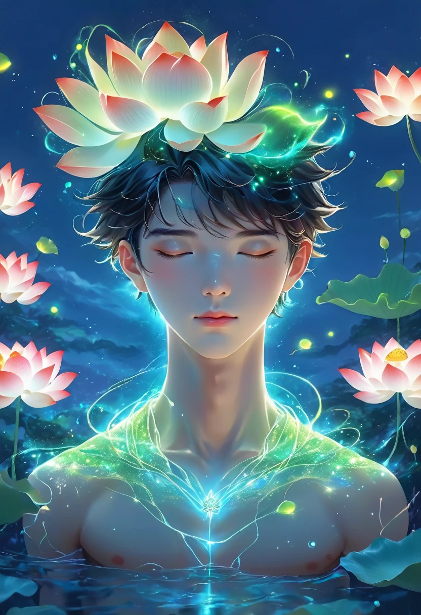 (masterpiece, best quality:1.2), digital art style, charming illustration,Peace pictures,1 boy, 18 years old, Wearing lotus on head,alone,body glow,glowing line,fluorescence,Luminous example,Tracking example,flash,萤light particles,backlight,translucent,light particles,correct human anatomy, OPEN EYES